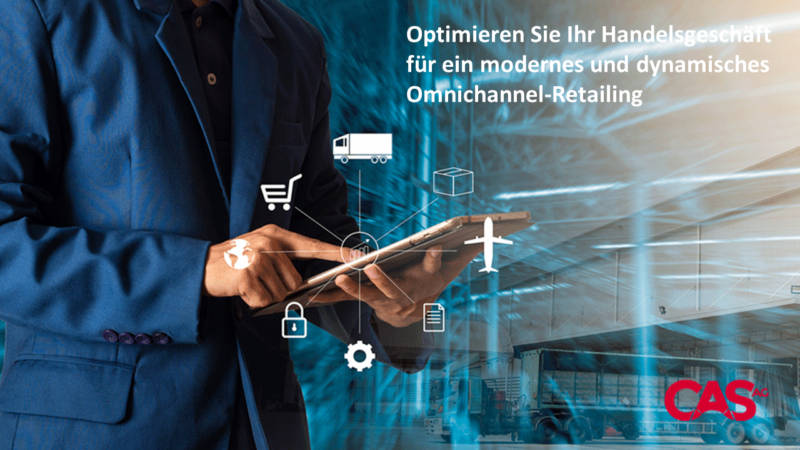 Omnichannel Retailing optimieren Geschäftsmann im Anzug hält Tablet in der Hand Icons für Omnichannel Retail