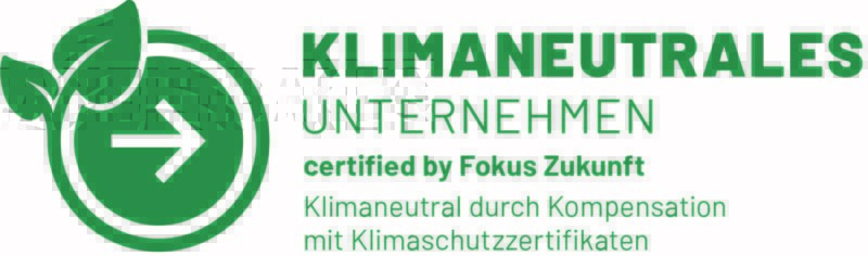 Das Bild zeigt das Siegel der Firma Fokus Zukunft als Auszeichnung für ein klimaneutrales Unternehmen